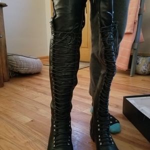 Over the knee black lace up boots